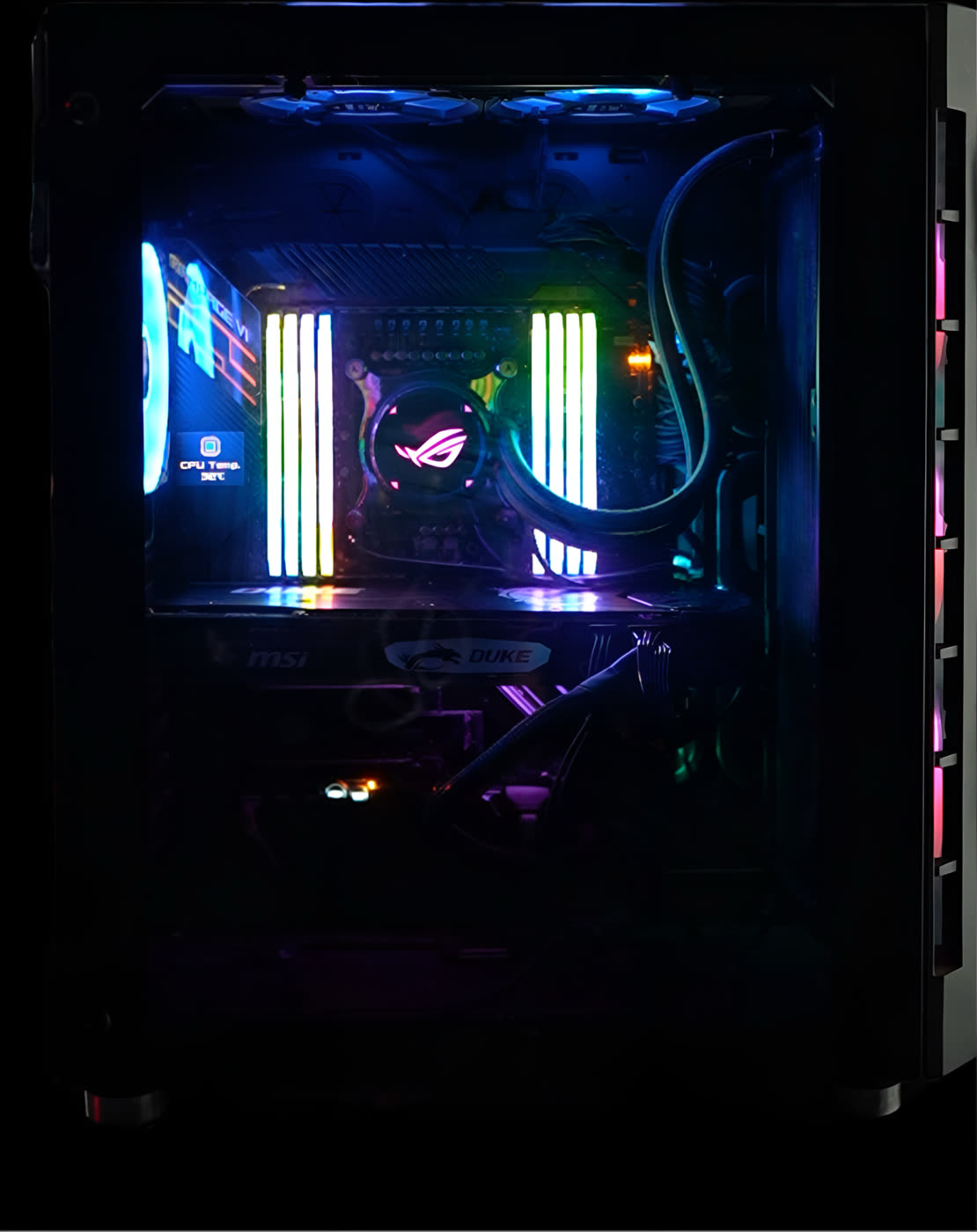 Inside a custom PC build with liquid CPU cooling and RGB memory