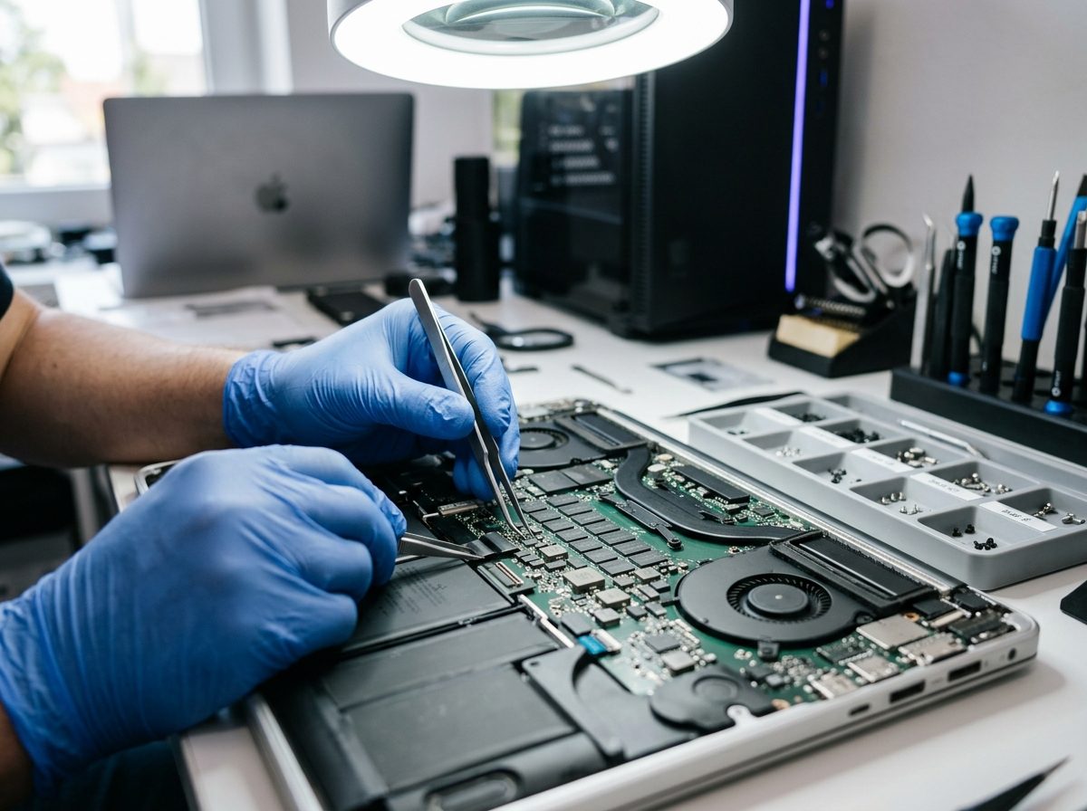 Gloved hands working on an open laptop motherboard under a magnifier lamp on the Dr Tech Nerds bench
